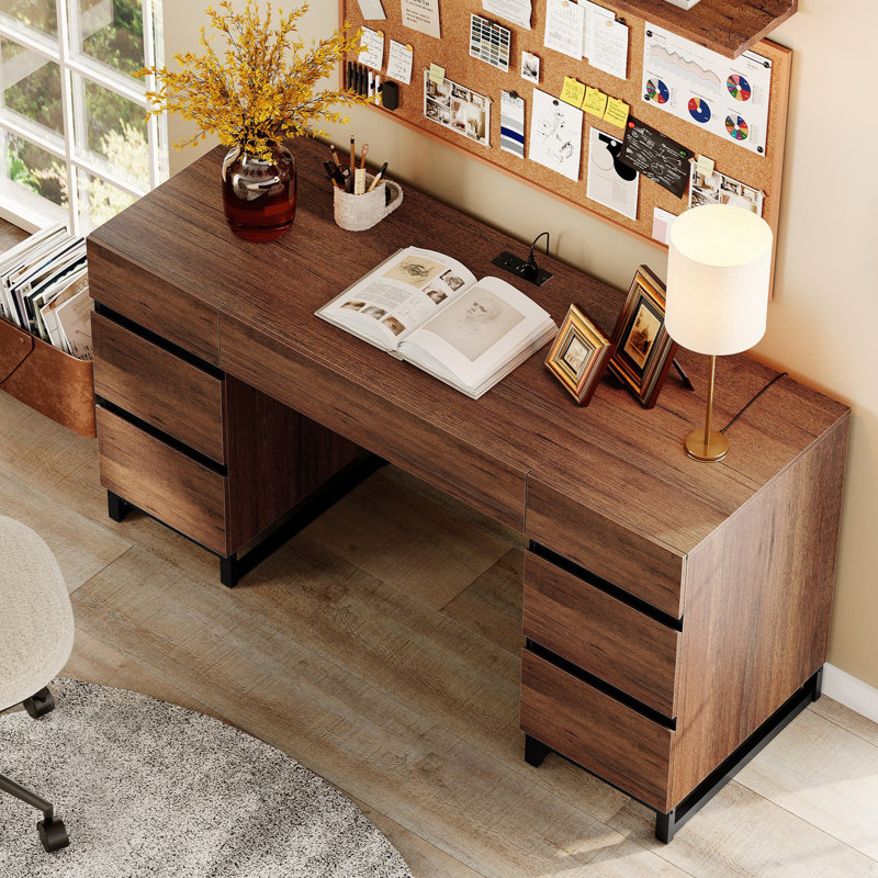 59" Modern Executive Desk With Drawers, Wood Computer Writing Desk With Charging Station, Office Desk For Bedroom, Living Room, Home Office