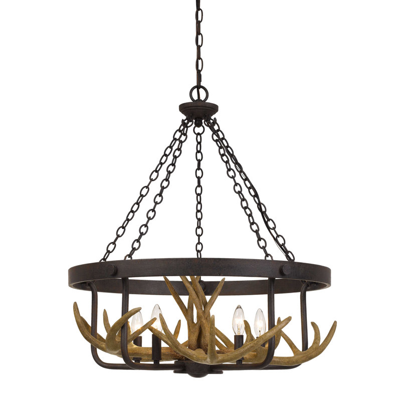 Lustre à cinq lumières en métal à motifs de bois de cerf, hauteur 74,3 cm (29,25 po), largeur 60 cm (60 po), câblé.