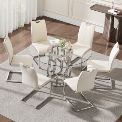 47.2" Round Glass Dining Table Set For 6, Modern 7 Piece Kitchen Table Set With Silver Stainless Steel Base & 6 PU Leather Accent Chairs, Saving Space, Dining Set For Apartment, Home - Beige Chair