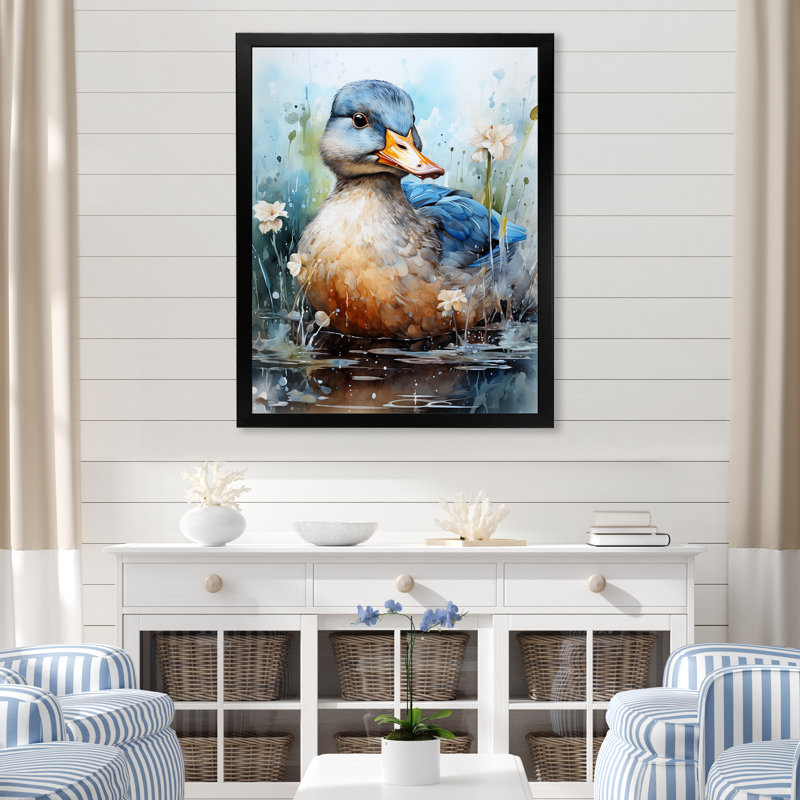 «Blue Duck», aquarelle, Cadre simple noir, H 20 po x l 12 po x P 1 po