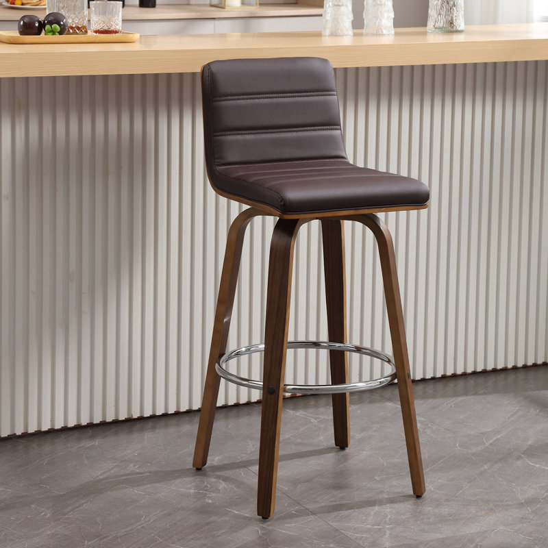 Brown PU Leather Swivel Bar Stools with Walnut Legs, Set of 3