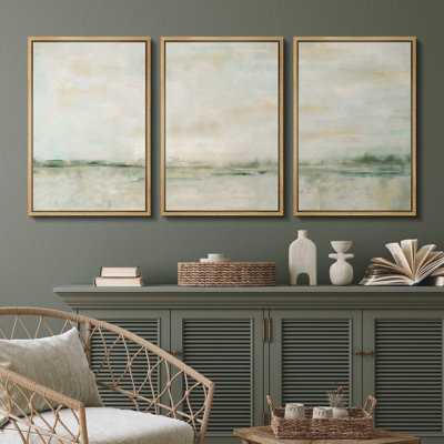 Minimal Landscape Grunge Green Pastel  Abstract Illustrations Framed Canvas 3 Pieces Print Wall Art