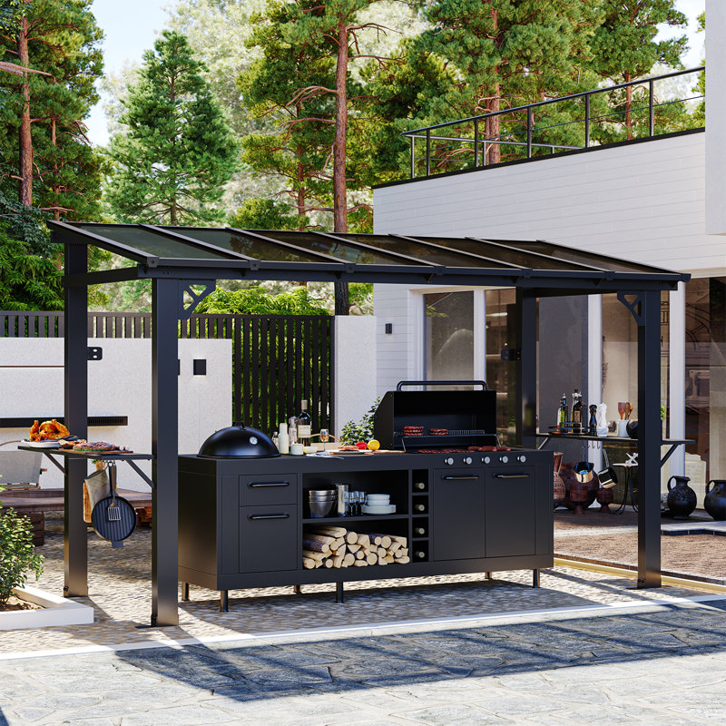 12X5 Ft Gazebo With Polycarbonate Panel, All-Weather Outdoor Bbq Canopy With Sloping Steel Roof