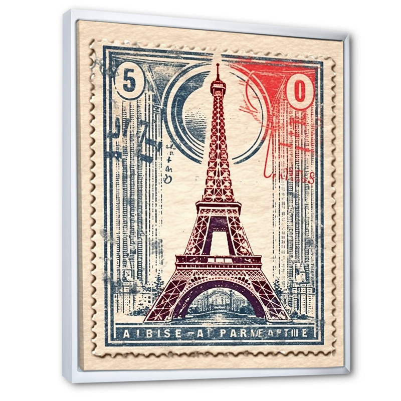 «Retro Stamp Illustration Paris Eiffel Tower I», reproduction sur toile, H 20 po x l 12 po x P 1 po, Cadre flottant blanc
