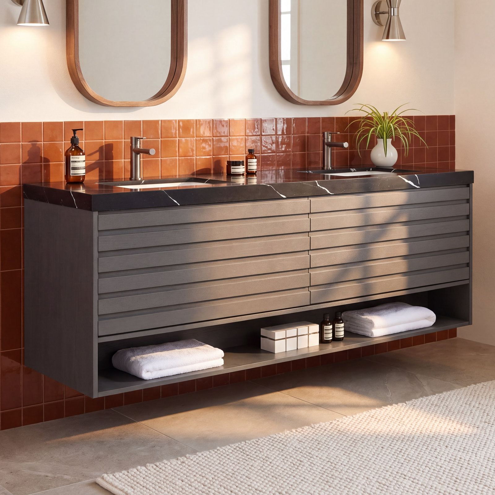 Maumelle 72" Cedar Double Bathroom Vanity, Charcoal, Black