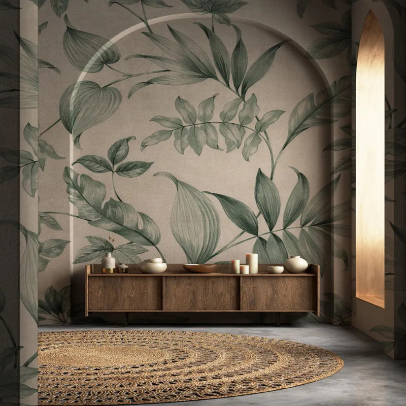 Verdant Tropics On Beige, 96" L x 108" W