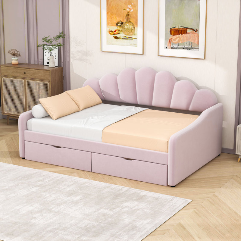 Upholstery Daybed Frame with 2 Drawers, Pink