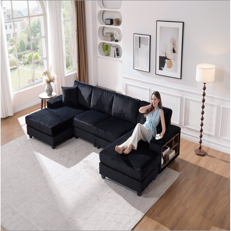 Canapé convertible combiné en forme de U, tissu velours côtelé, canapé moderne confortable de grande taille à 4 places, fauteuil double salon