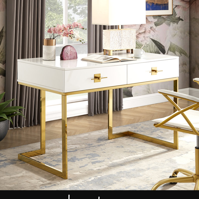 Bureau d'écriture Nicole Miller pour salle de maquillage, Blanc / or