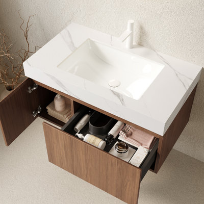Meuble-lavabo et lavabo de salle de bain, armoire de rangement en contreplaqué flottant avec tiroir et porte, comptoir en pierre frittée Roma Travertine et lavabo en céramique avec 1 trou de robinet pré-percé, pré-assemblé
