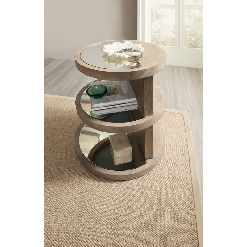 Gray Oak and Glass Round End Table with Shelves