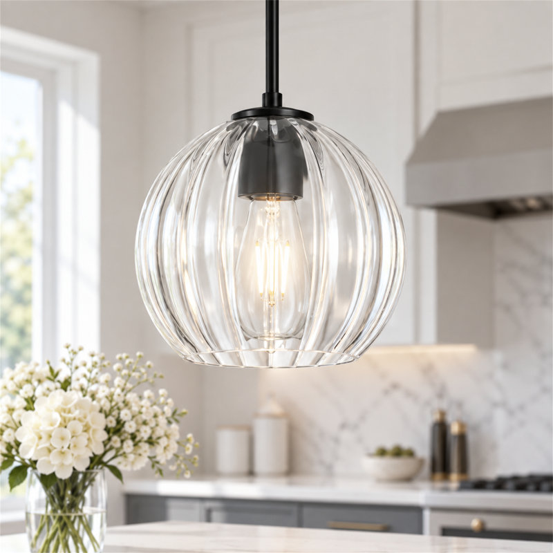 Suspension en verre rayé, globe de 7,87 po, 1 lumière, pour îlot de cuisine, Clair
