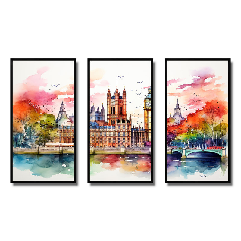 Big Ben London Skylines At Sunset II - City London, art mural, Cadre flottant noir, H 28 po x l 36 po