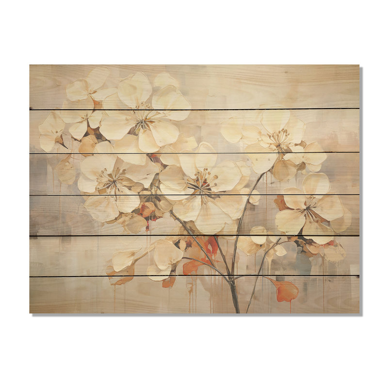 Minimalism Geraniums Efflorescence I - Geraniums Wood Wall Art On Natural Pine Wood, 30" H x 40" W