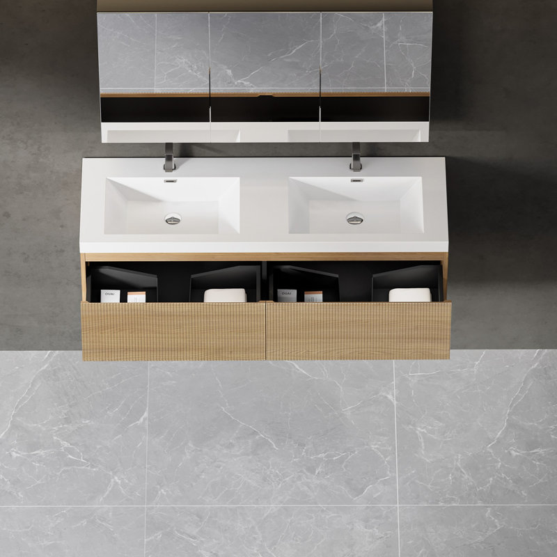 Meuble-lavabo mural avec lavabo à surface solide, Blanc, Bois de chêne naturel, 59"