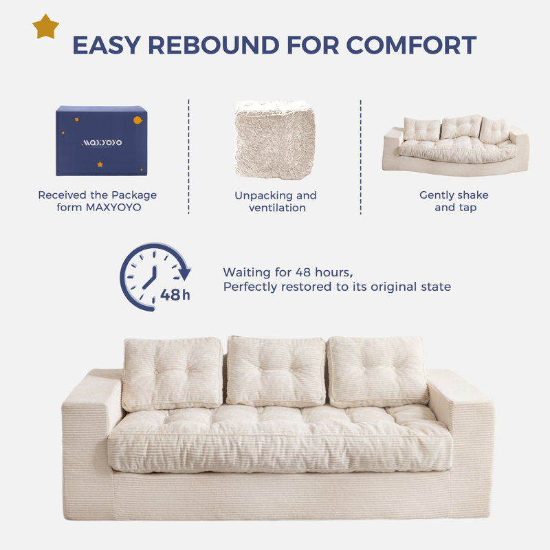 Boneless 3 Seater Couch For Living Room, Boneless Couch With Tufted Cushion & Backrest, Upholstered Floor Sofa With Armrests