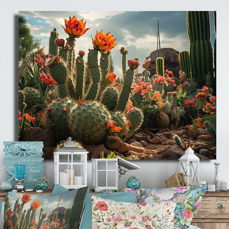Corail vert champ de cactus II - décoration murale florale en métal, H 16 po x l 32 po x P 1 po