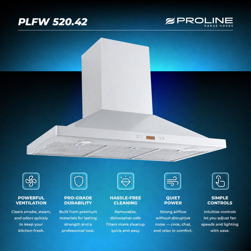 Hotte murale PROLINE de 42 pouces, conduit, 1200 CFM, acier inoxydable, lumières DEL, moteur de soufflage ULTRA-SILENCIEUX, 6 vitesses, garantie de 3 ans, filtres allant au lave-vaisselle