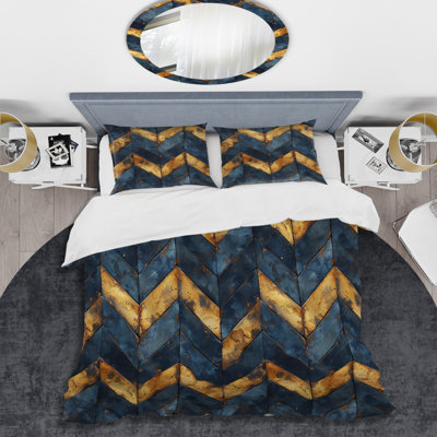 Ensemble de housse de couette transitionnelle Blue Gold Chevron Glamour V