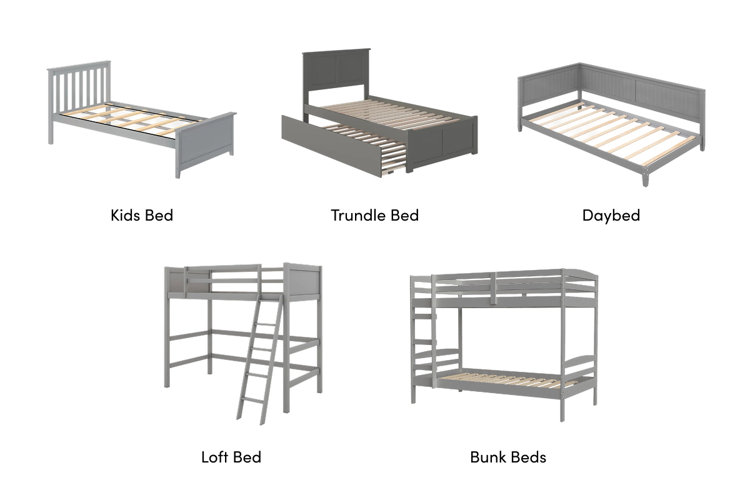 collage of different types of kids beds: standard twin bed, trundle bed, daybed, lofted bed, and bunk beds