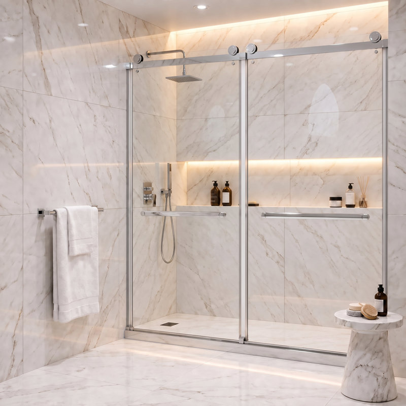 Porte de douche coulissante double sans cadre l 60 po x H 80 po, Chrome poli