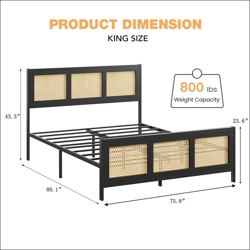 Bed Frame with Headboard, Bohemian Platform Bed Frame with Strong Metal Slats Support, No Box Spring Needed, Noise-Free Design