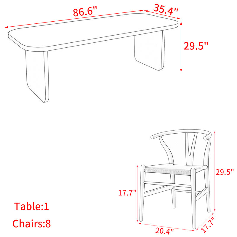 Modern simple solid wood dining table set., 29.50”H x 86.60”L x 35.40”W, 9