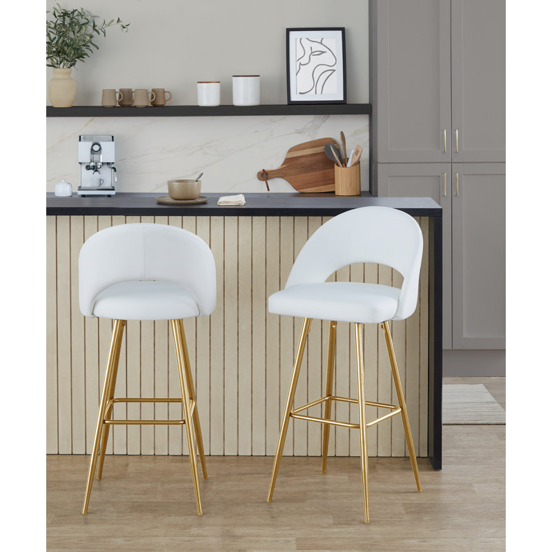 Tabourets de bar fixes en similicuir de 30 po avec pieds en métal et repose-pieds carrés Resme, Blanc, Doré