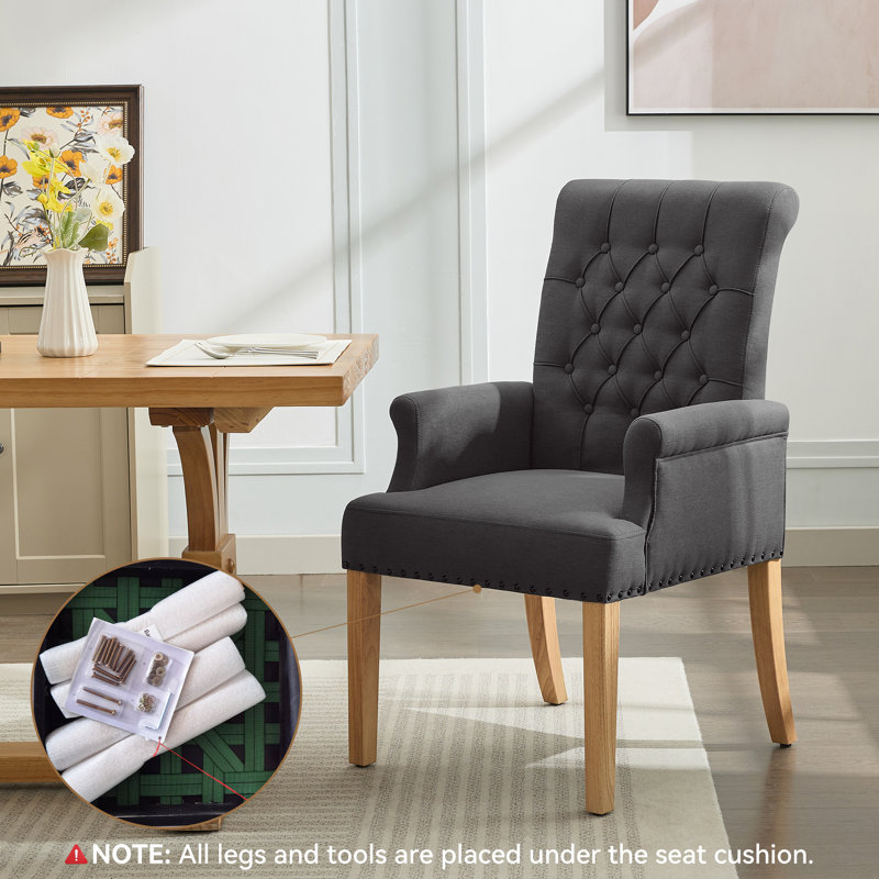 Tufted Upholstered High Back Dining Armchair, Linen, Dark Gray Linen