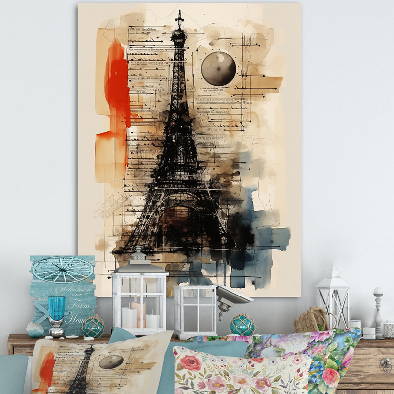 «Paris Eiffel Tower Retro Illustration I», reproduction sur toile, H 44 po x l 34 po, Toile tendue