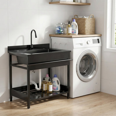 30.71 Inch Freestanding Utility Laundry Sink, Powder‑Coated Black 304 Stainless Steel Sink with Pull‑Out Hot & Cold Faucet, Heavy‑Duty Basin for Laundry Room, Garage, Workshop and Kitchen