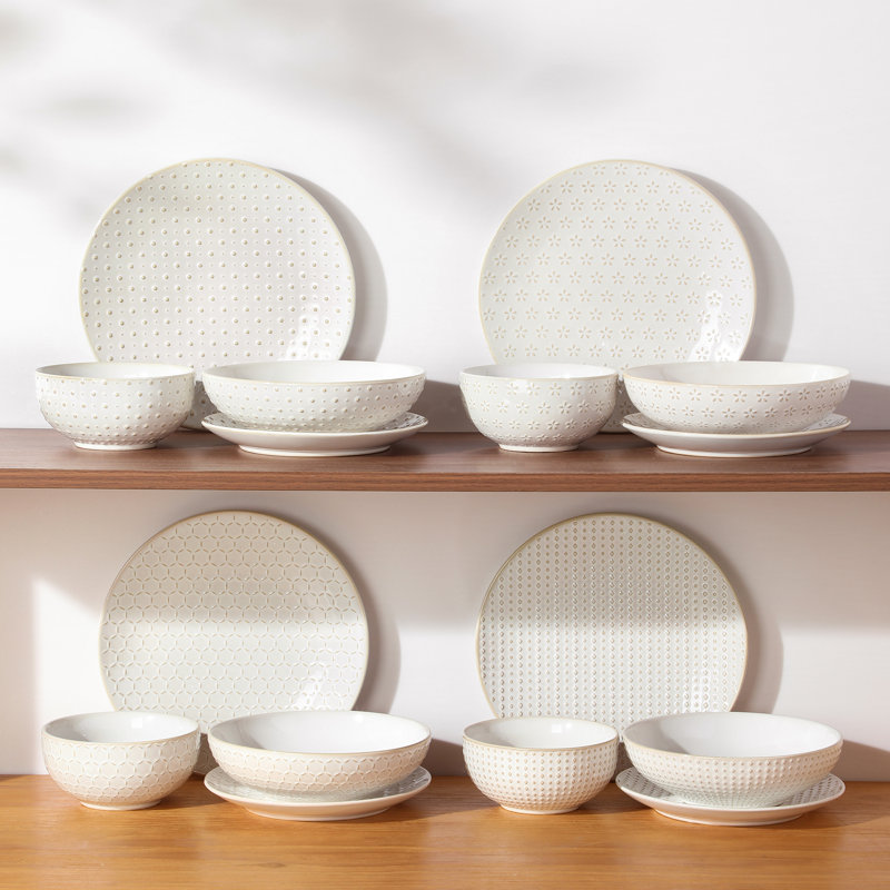 16 Piece Stoneware Dinnerware Set - Service for 4 , White, Geometric Shapes