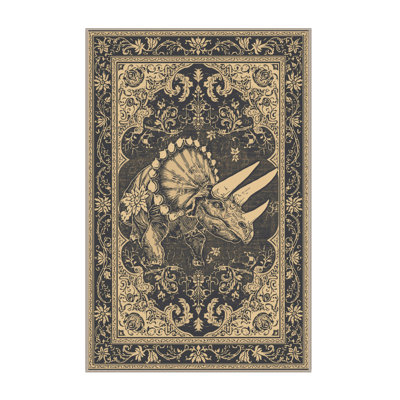 Machine Washable Ozain Triceratops Classic Oriental Rug in Black – Beige Binding