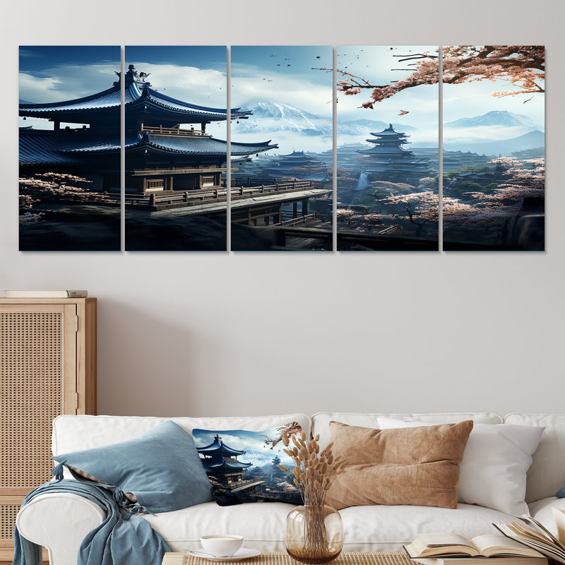 Temple japonais, sérénité panoramique - ensemble de 5 décorations murales Japon, H 28 po x l 60 po
