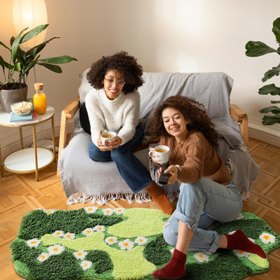 Bathroom Rugs Green Bath Mat Cute Moss Rug with Small White Flowers Non Slip Door Mat