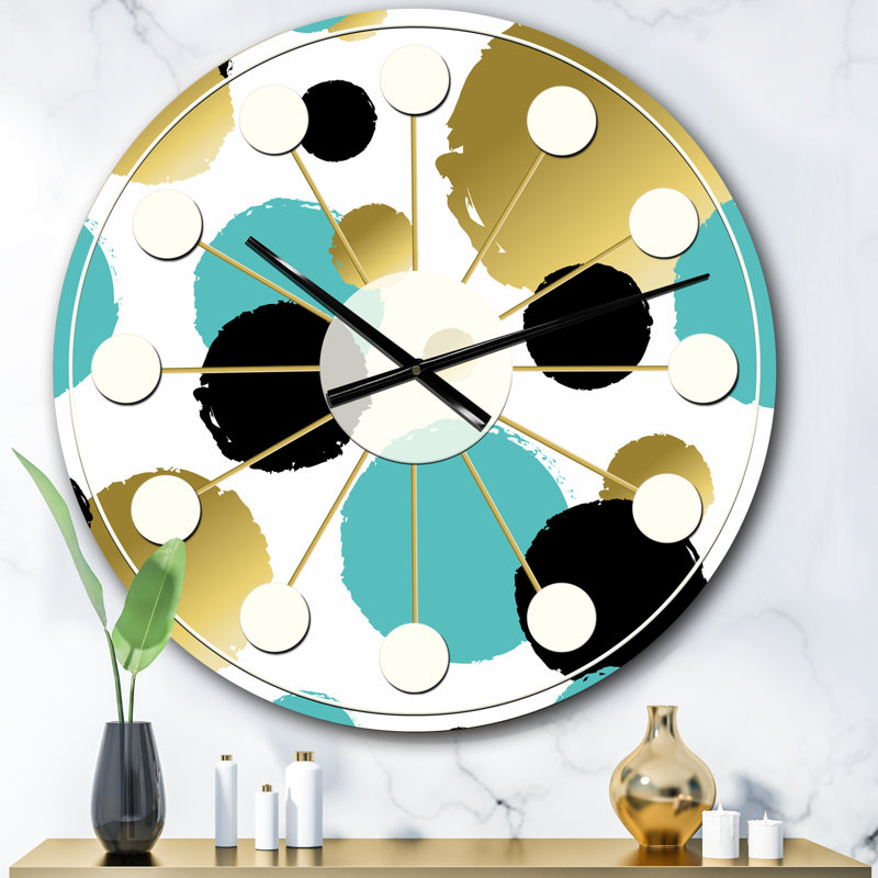 Or et cercles bleus - horloge murale moderne Mid-Century, Petit