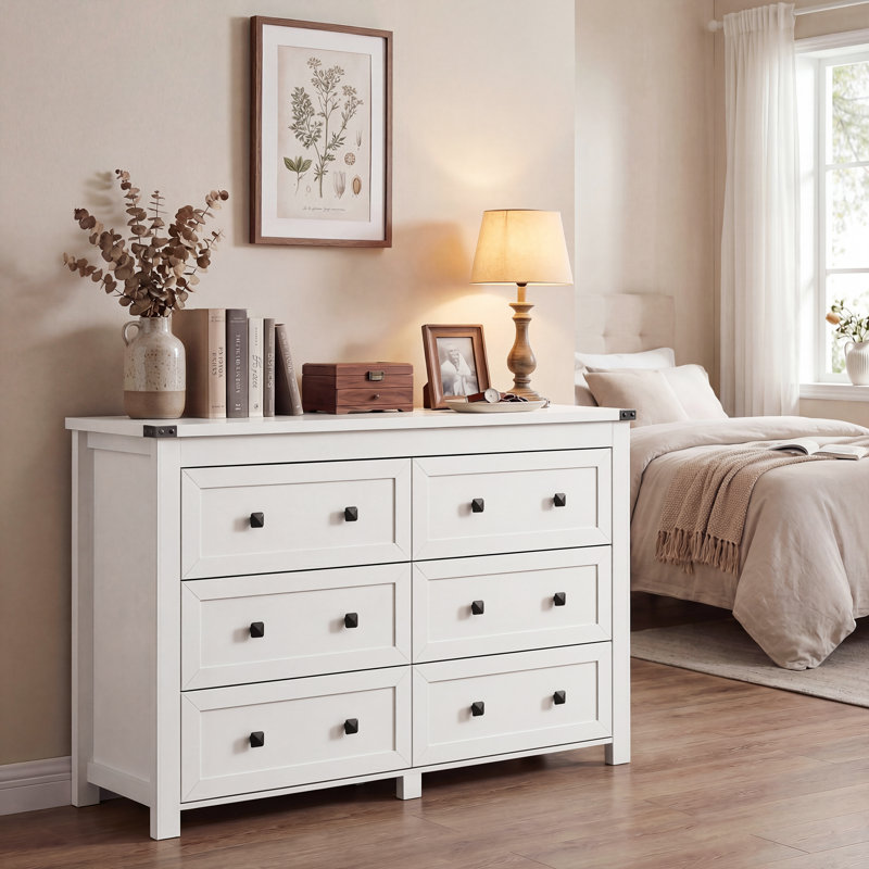 Jaretssi 6 - Drawer Double Dresser 42.7' W, Chest of Drawers with Metal Square Handle, White/Gold