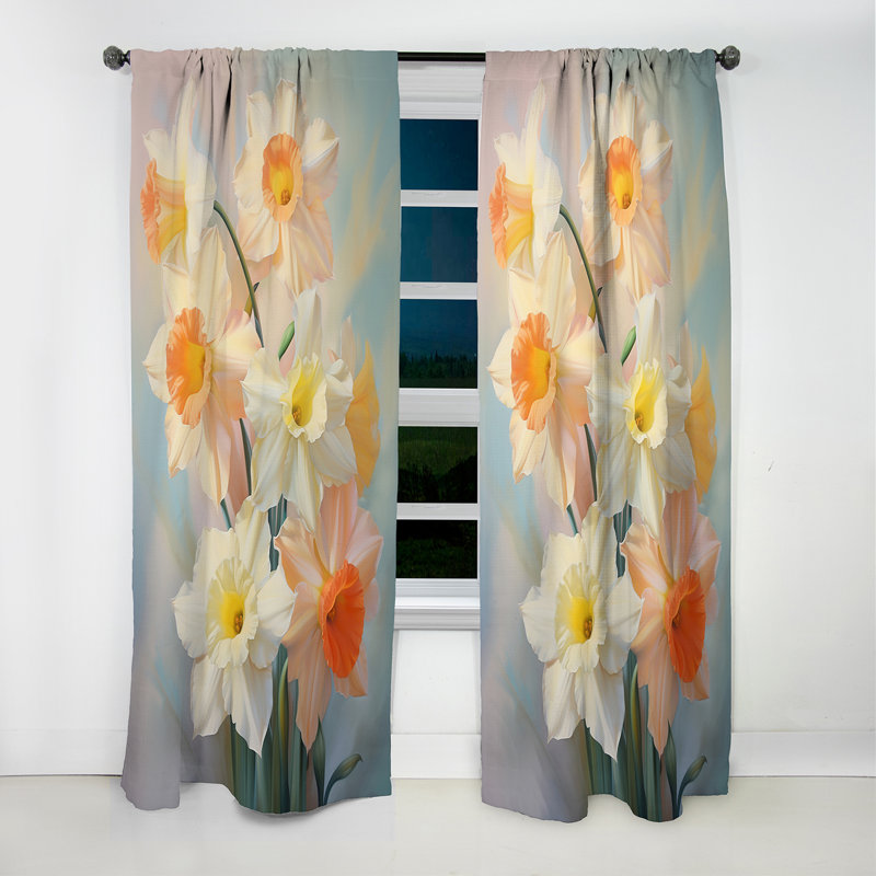 Rideau occultant en velours à motif floral jonquilles blanches Impression romantique V - Daffodils, L 52 po x L 84 po