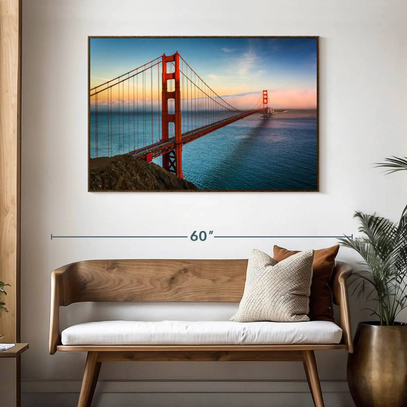 Golden Gate, lever de soleil sur l'océan, 46 po x 31 po, Cadre flottant noyer