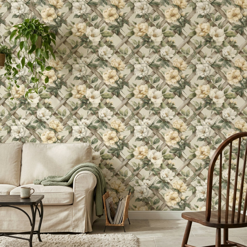 Papier peint aquarelle à motif floral en treillis blanc, Peler et coller