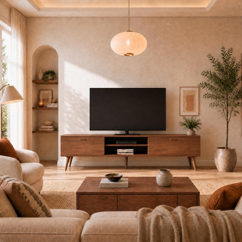 Juback 71'' Wide Mid-Century Modern TV Stand for TVs up to 80'', Entertainment Centre with Cable Management, Walnut Wood Finish