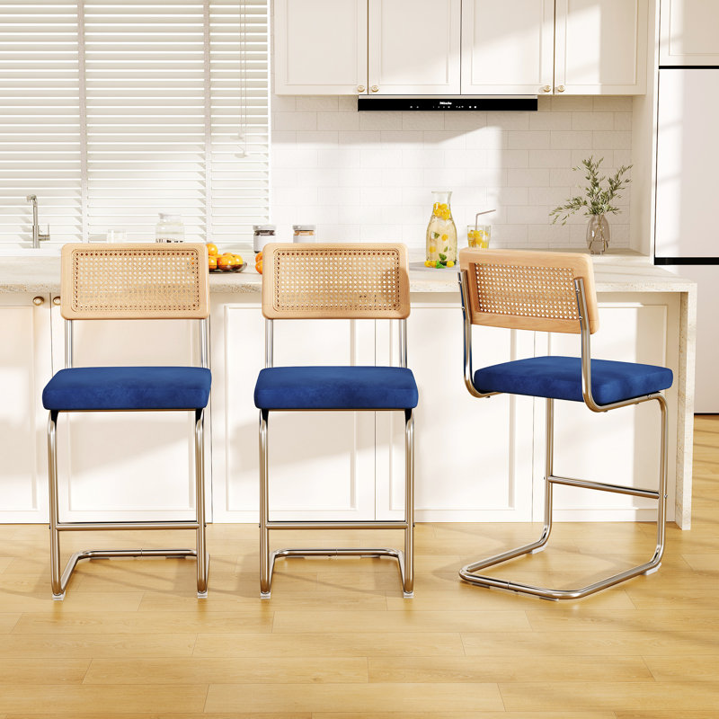 Set Of 2 Velvet Upholstered Bar Stool With Woven Rattan Back And Metal Leg, Navy