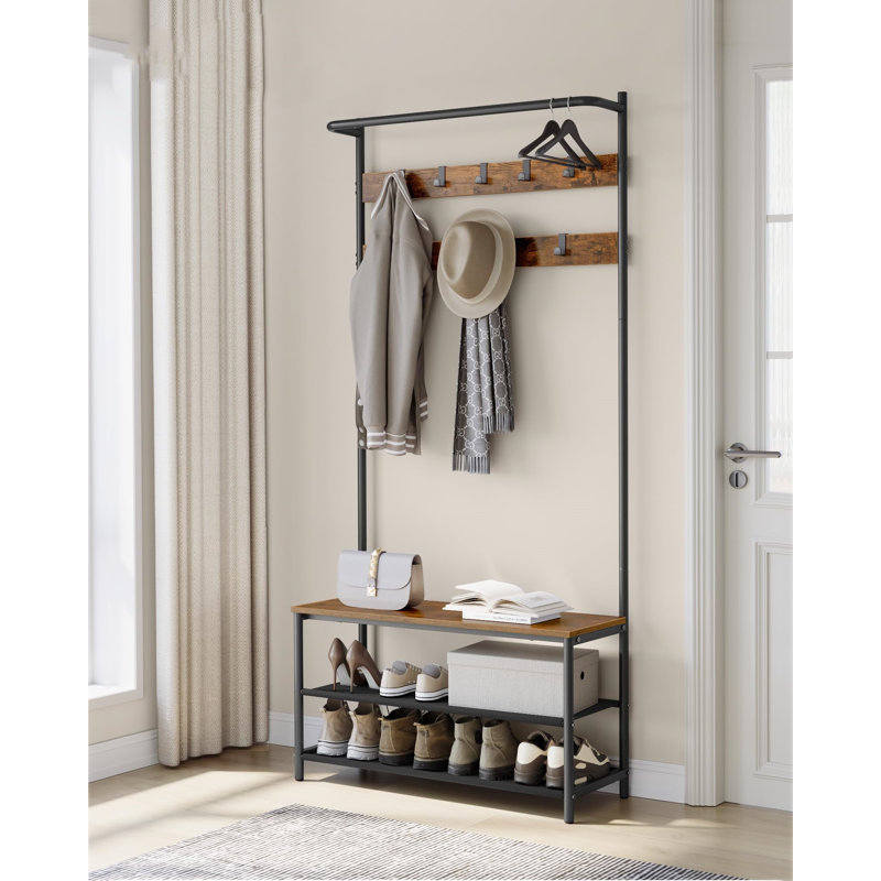 Hall Tree 33.1"W Wide With Bench And Shoe Storage, Entryway Bench With Coat Rack Stand, 9 Movable Hooks, Top Bar