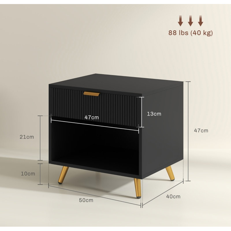 Black Gold Tone Bedside Table, Elegant Side Cabinet with Drawer & Storage Shelf