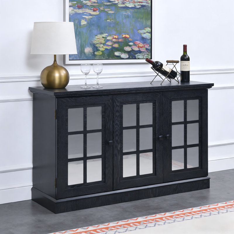 Armoire de rangement L 44,96 po avec 3 portes en miroir en acrylique pour salle à manger, cuisine et salon, Noir