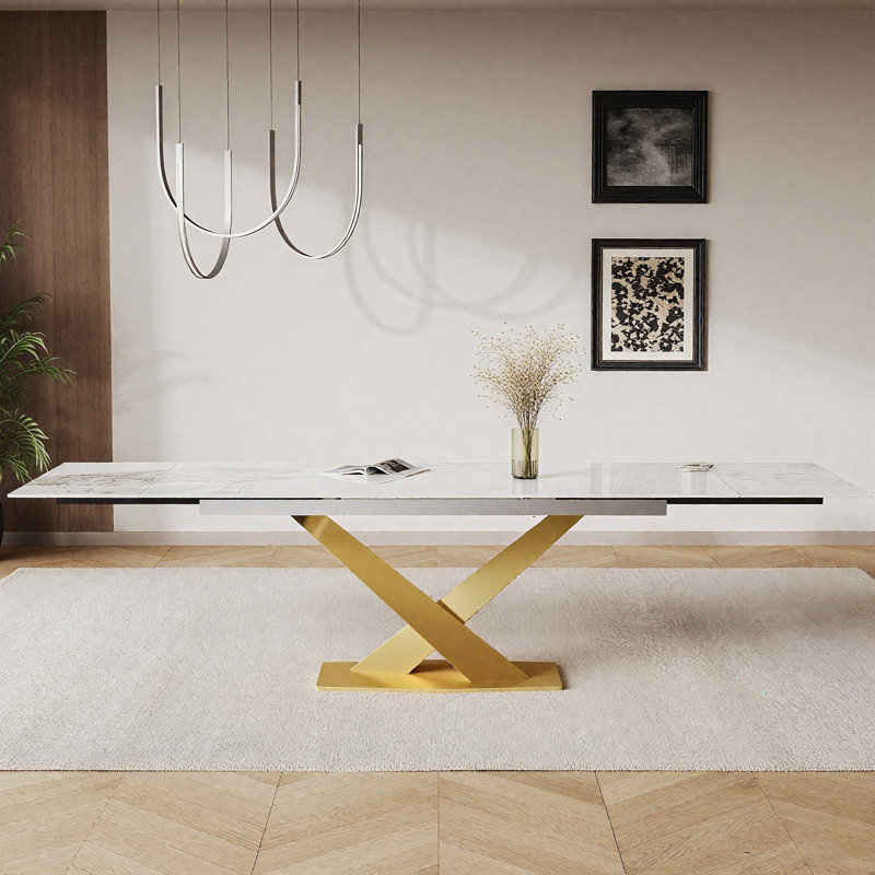 Table de salle à manger extensible Modern, Blanc Chanel, Doré