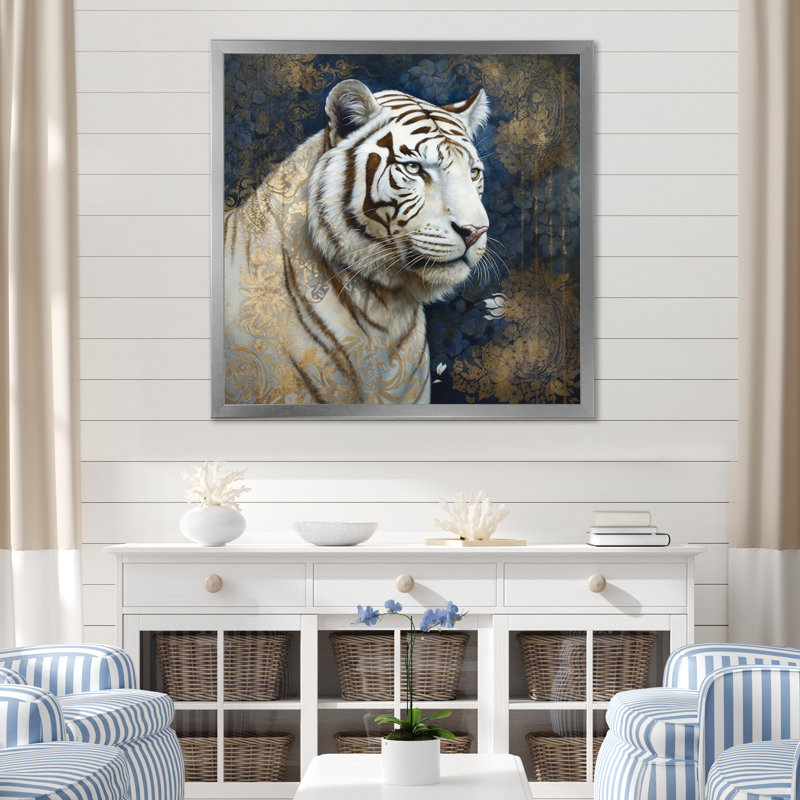 Tigre blanc majestueux - reproduction sur toile, H 30 po x l 30 po x P 1 po, Cadre simple argenté