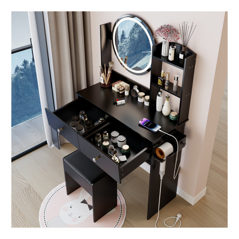 Meuble-lavabo à miroir rond de 17 po à DEL avec tabouret rembourré, équipé de 2 prises CA + 2 prises USB, grand miroir, interrupteur tactile, 3 couleurs, luminosité réglable, grand bureau, rangement multicouche à grande capacité