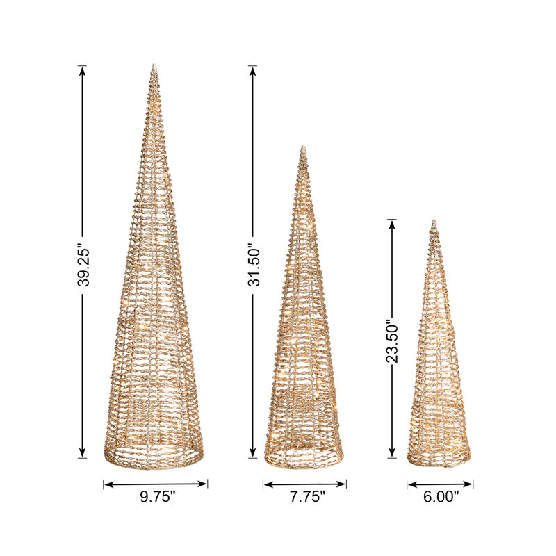 Set Of 3 Lighted Christmas Plastic Champagne Gold Cone Tree With 65 Warm White LED Lights