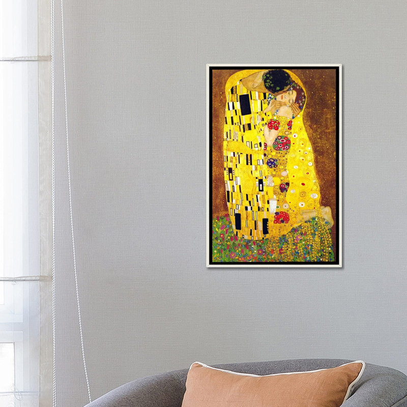 « the baiser » par gustav klimt,-print, H 26 po x l 18 po x 1,5 po, Encadrement blanc vieilli